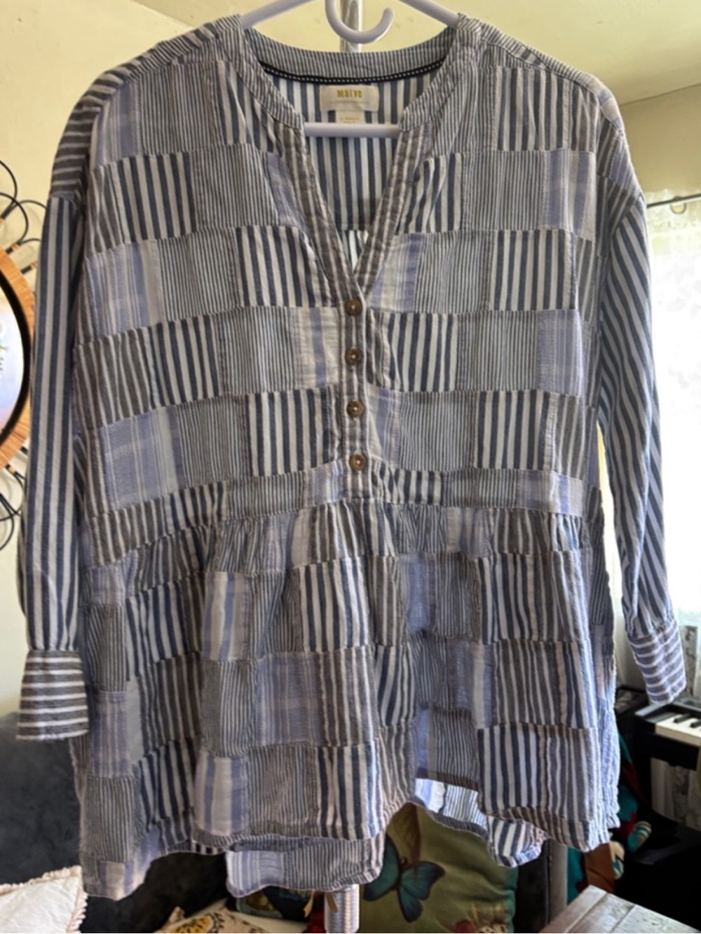 Maeve by Anthropologie Zoe Swing Blouse Blue Patchwork Size XS